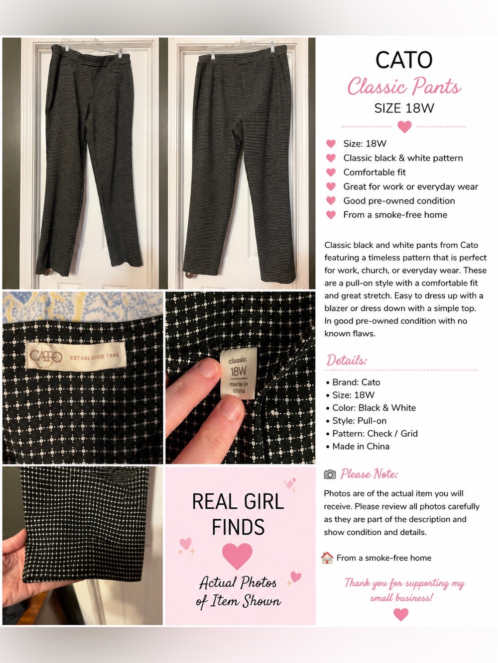 Cato Black & White Check Pull-On  Pants